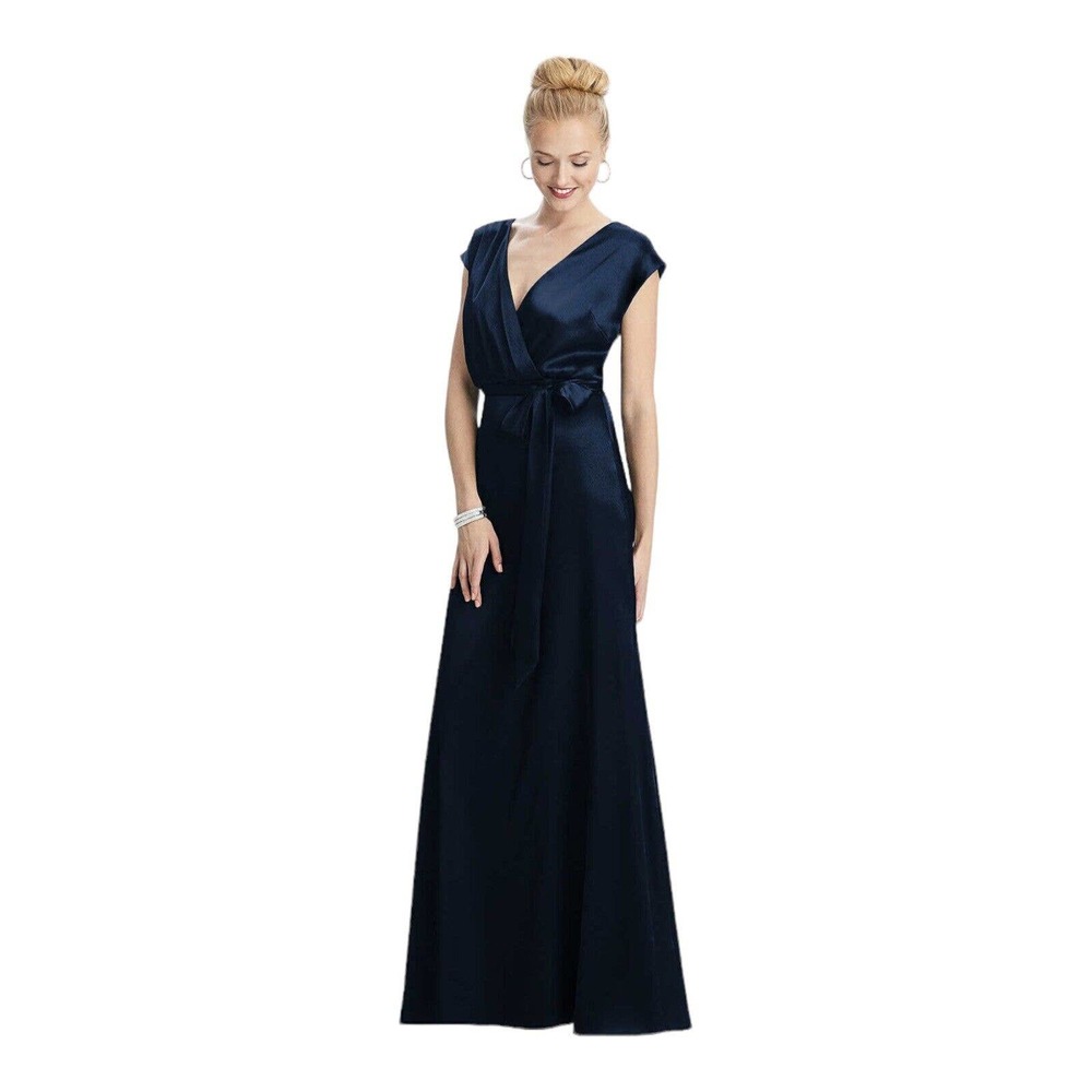 Dessy Cap Sleeve Navy‎ Blouson Faux Wrap Dress 10 New